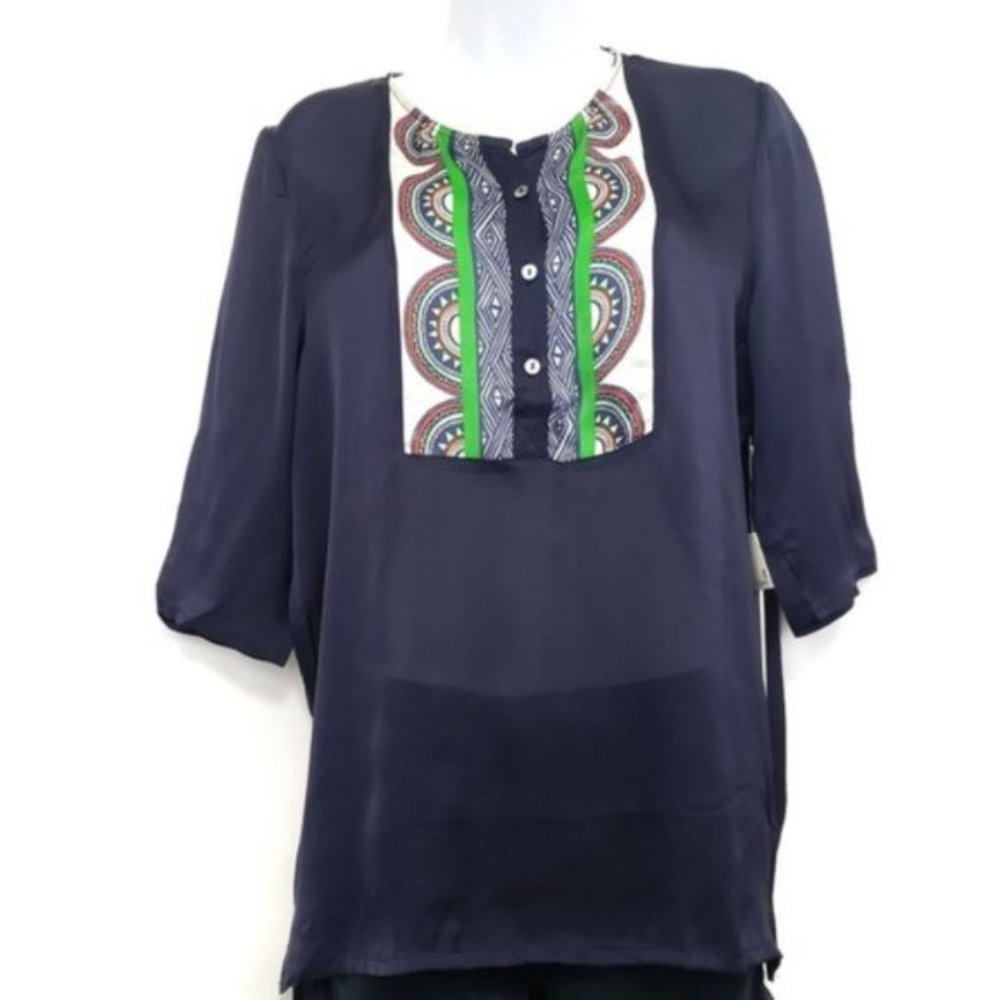 Line & Dot Navy Blue Silk Flowy Boho Bib Tunic Med